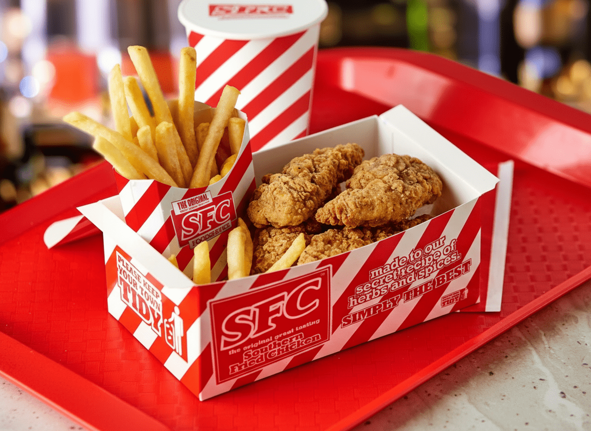 Firefly_Gemini Flash_a red platter of southern fried crispy mini fillet tenders serving with chips and a 325148